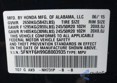 2016 Honda Pilot Touring from USA, damaged, VIN 5FNYF6H99GB003935